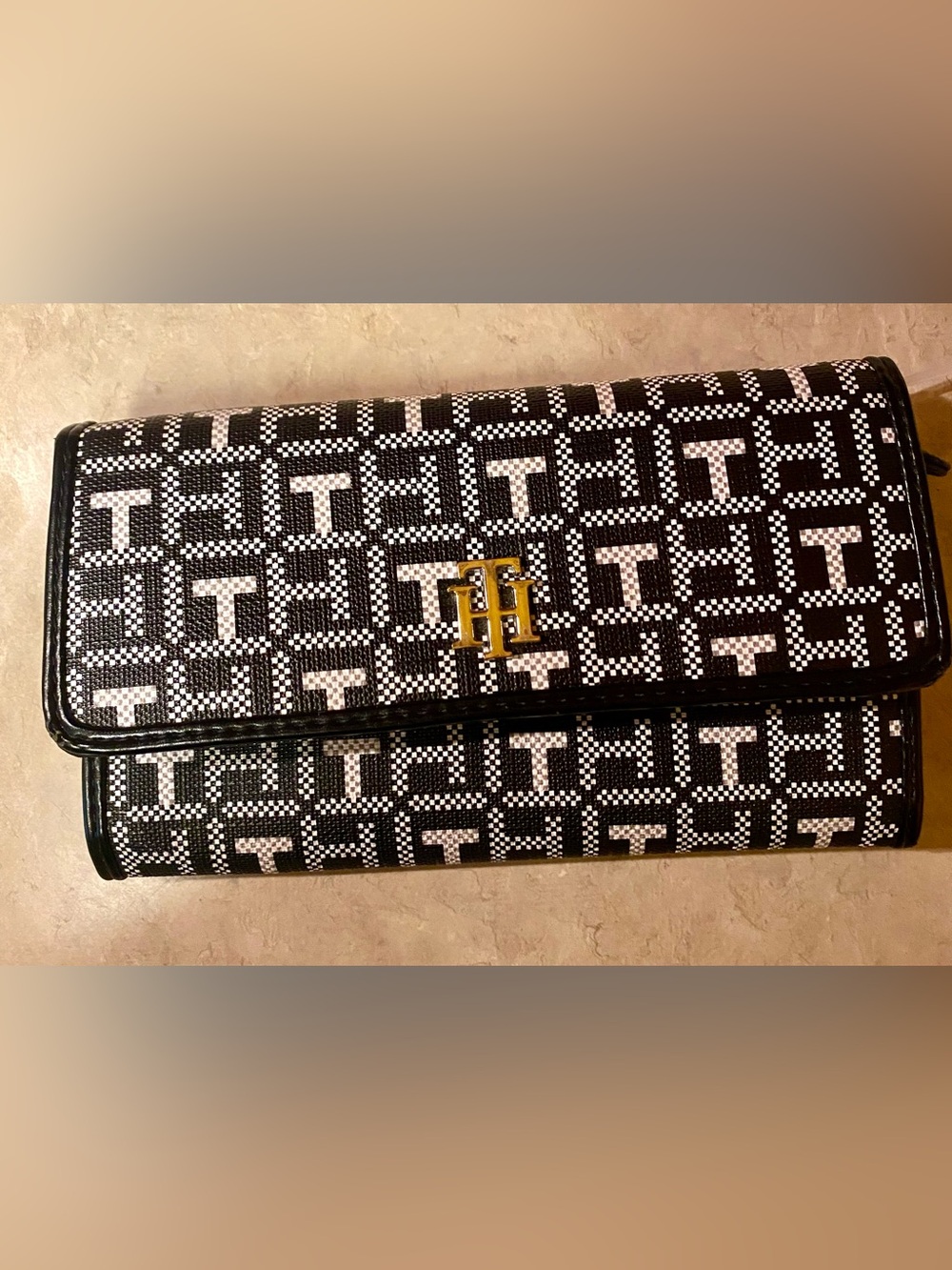Tommy Hilfiger Black & White Monogram Clutch with Gold TH Emblem